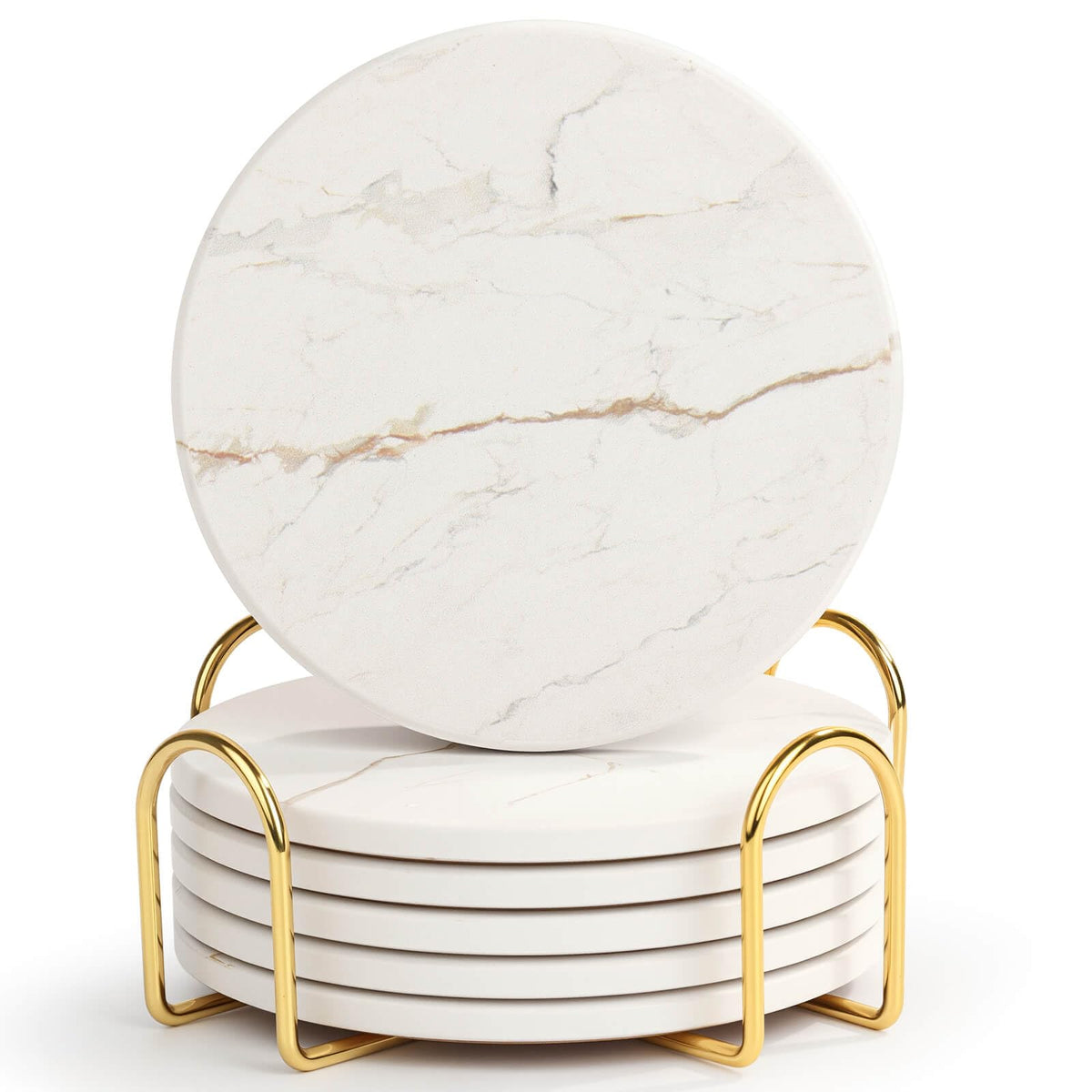Acejoz Drink Coasters with Holder for Coffee Table, Absorbent Coaster Set of 6, Marble Style Ceramic Coaster for Wooden Table, Suitable for Kinds of Cups, Home Decor, 4 Inches