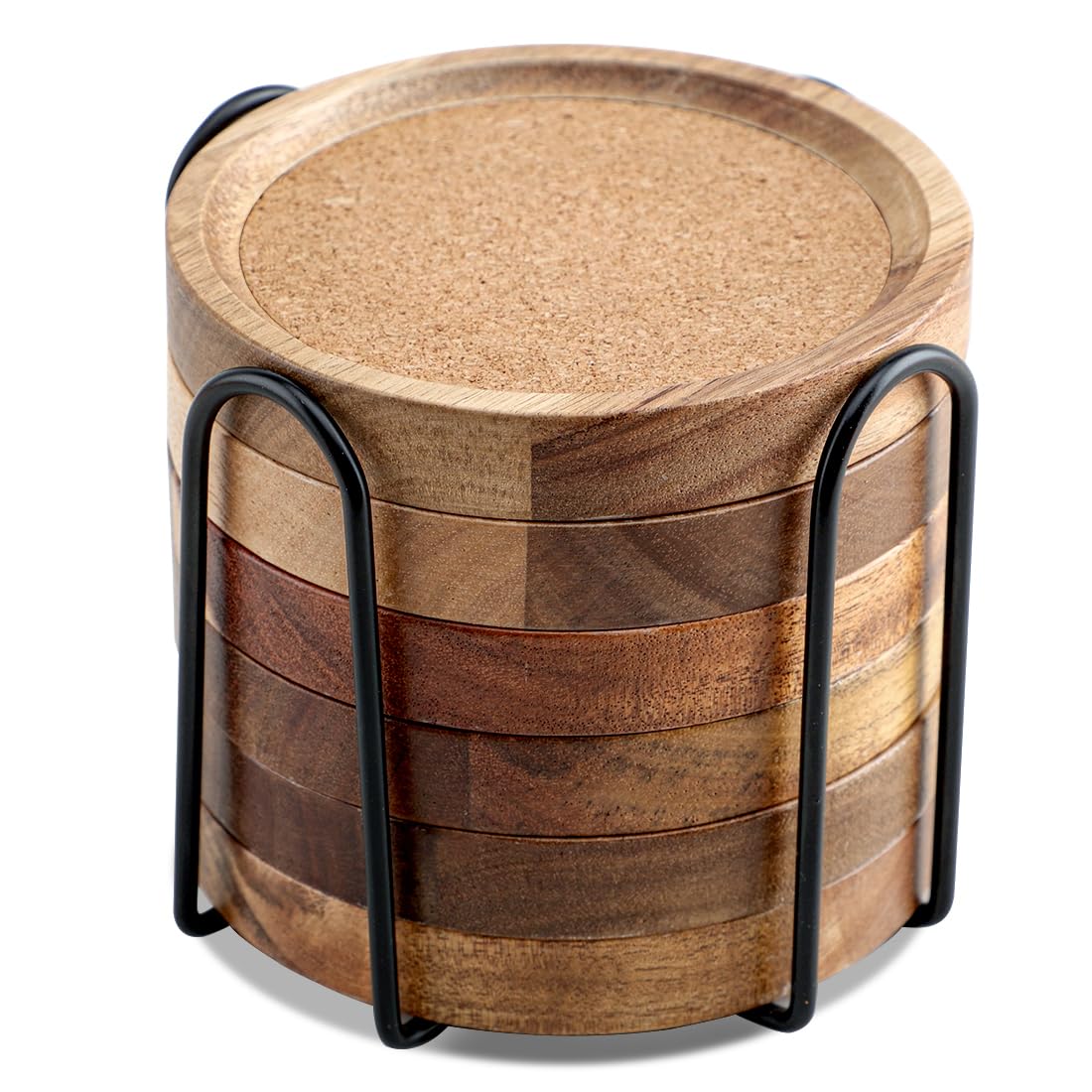 WLWNWFT Coasters for Drinks Absorbent with Holder, Acacia Wood Cork Coaster for Coffee Table Wooden Table Coaster for Farmhouse Desk Extra Large Coasters, Set of 6