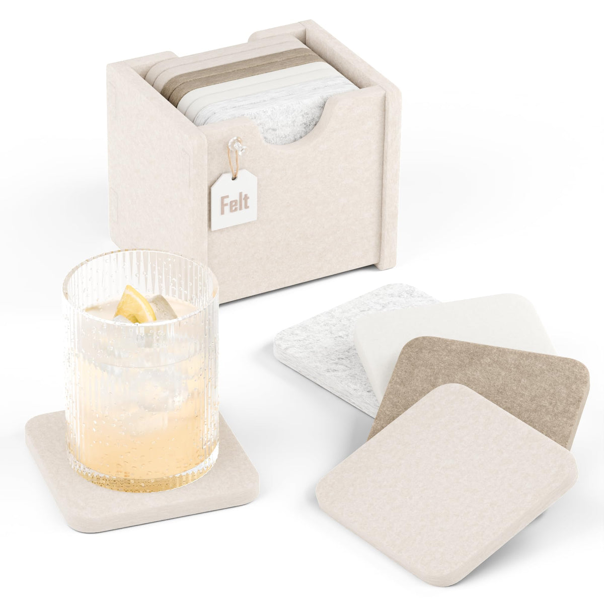 Fluxynara Felt Coasters with Holder, Set of 8 for Drinks, Sage - Arch