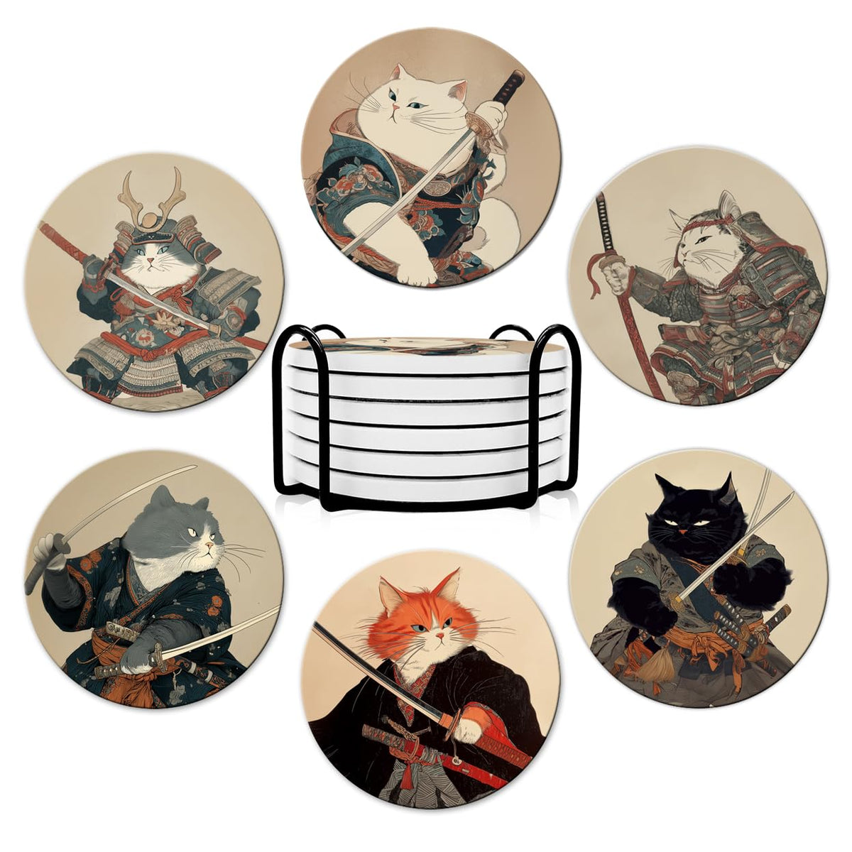 Dooke Coasters for Drinks, Round Absorbent Ceramic Stone Coasters Set of 6 with Cork Base, Funny Drink Coasters with Holder for Cold Drinks Wine Mugs and Cups Tabletop Protection,Japanese Cat