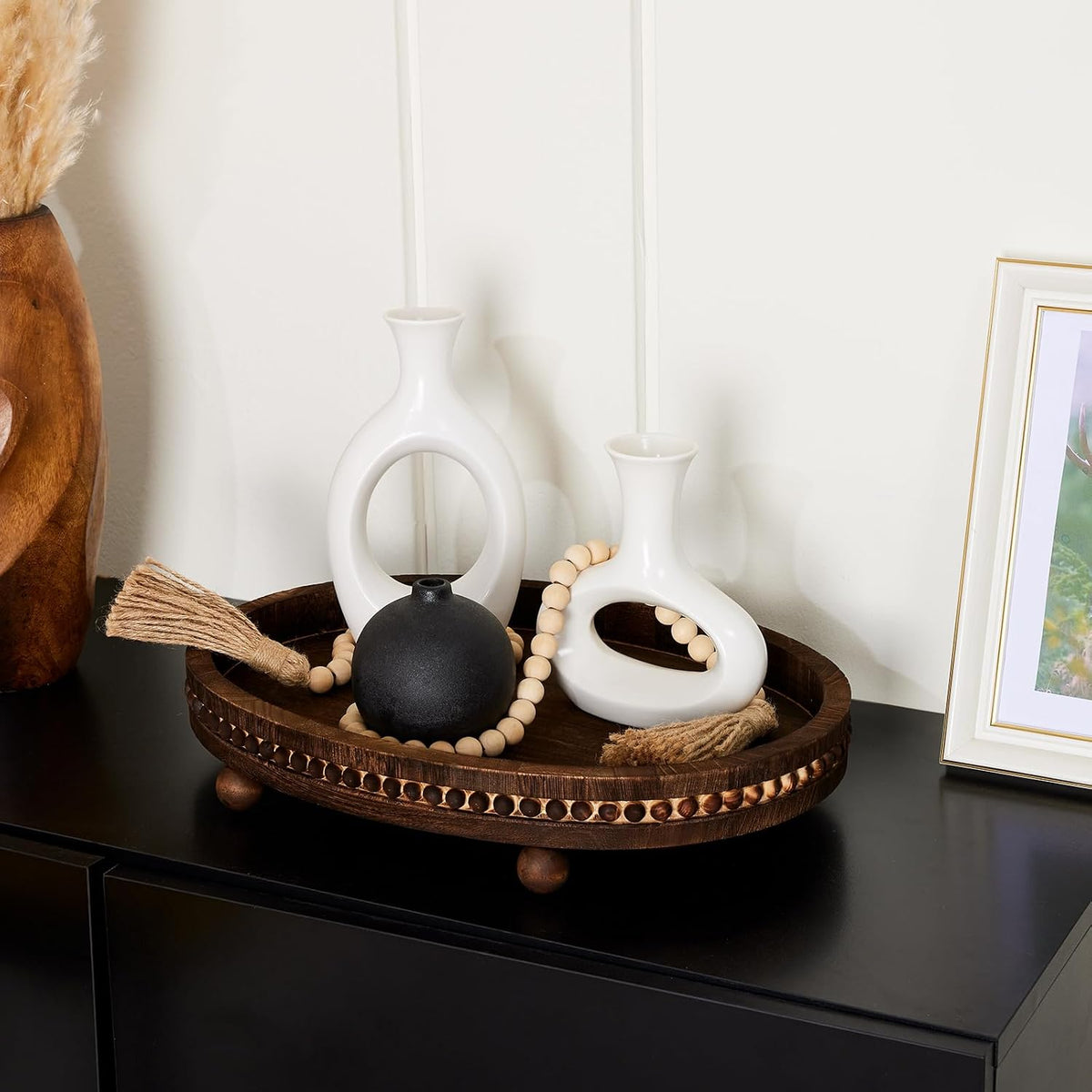 HouseJoy Decorative Tray for Coffee Table, 16×11.8in Wood Beaded Decor Tray