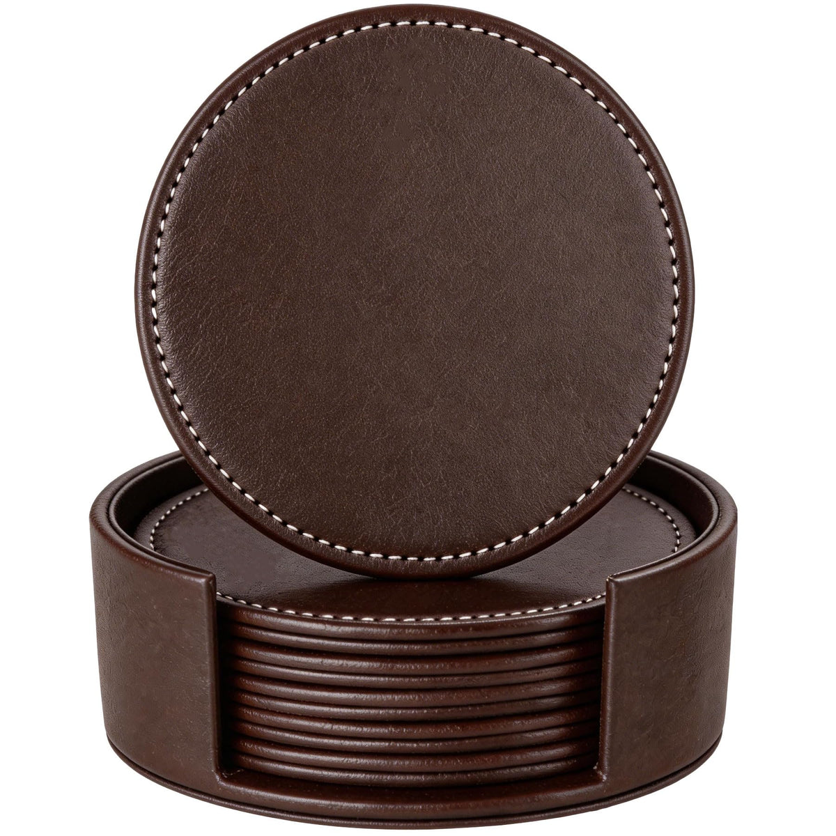Set of 6 Round Leather Bar Coasters for Drinks with Holder (Black)