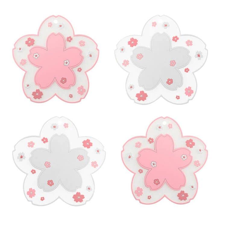 Sakura Coffee Cup Mat Kawaii Coaster 2PCS Cute Cherry Blossom PVC Home Tea Mug Pink Flower Pattern Anti-Skid Pot Bowl Pad Placemat for Desk Drink Table Decor Kawaii Accessories (Small)