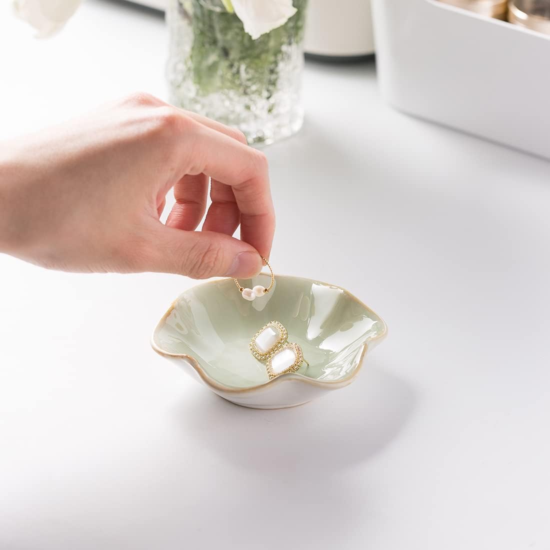 Mecaikru Ceramic Trinket Dish, 4in Ring Tray with Kiln Glaze Jewelry Dish