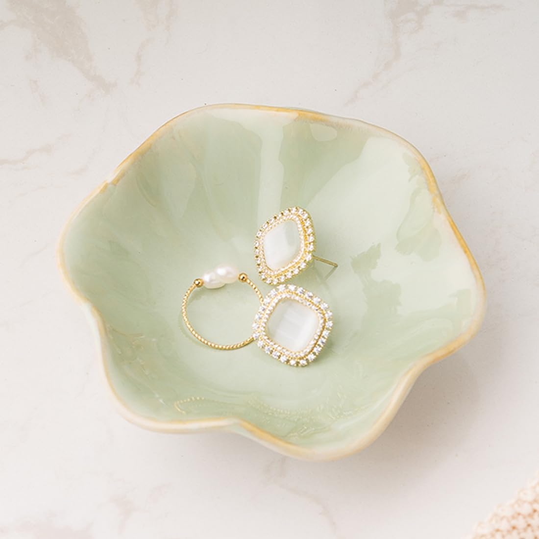 Mecaikru Ceramic Trinket Dish, 4in Ring Tray with Kiln Glaze Jewelry Dish