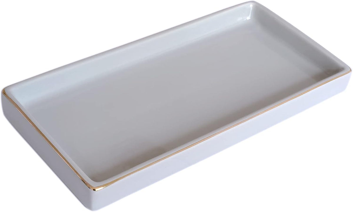 10 x 5 Ceramic Bathroom Tray for Countertop, Decorative Vanity Tray for Dresser Tops, Small Rectangular Trays for Perfume, Candle, Jewelry, Cosmetics (Green)