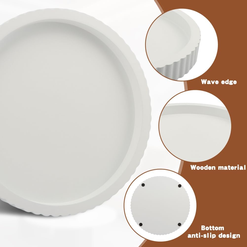 White Round Wood Tray, 11 in Fluted Vanity Tray