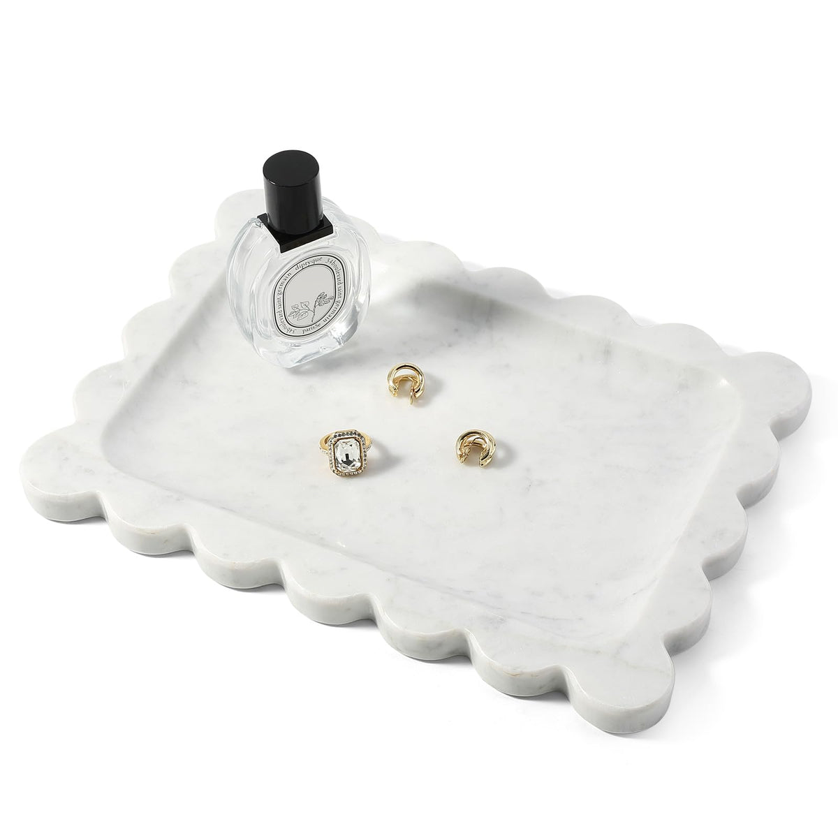 Koville 5.51" Travertine Tray, Natural Stone Trinket Dish for Ring Perfume, Round Scalloped Decorative Tray for Bathroom Vanity Dresser Countertop, Home Table Decor