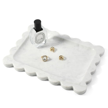 Koville 5.51" Travertine Tray, Natural Stone Trinket Dish for Ring Perfume, Round Scalloped Decorative Tray for Bathroom Vanity Dresser Countertop, Home Table Decor