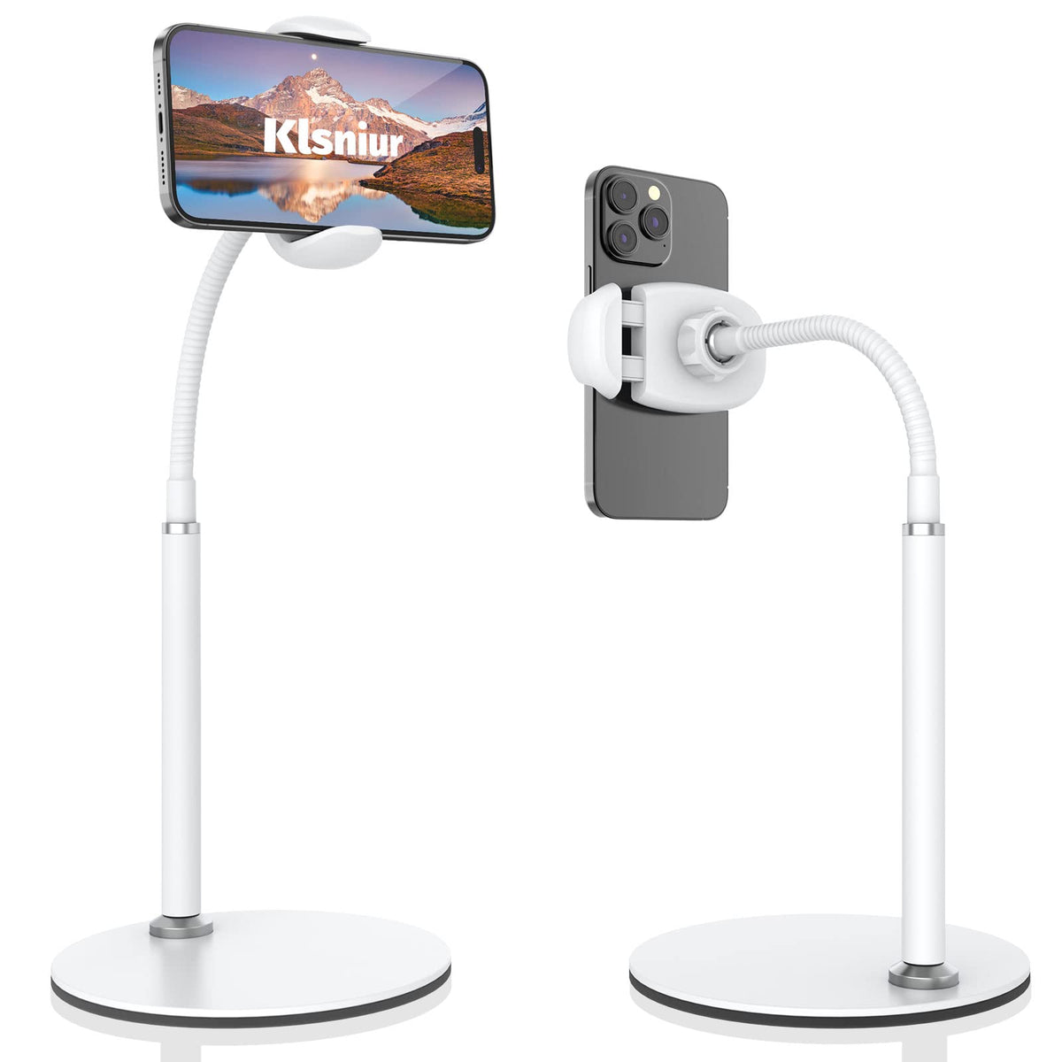 Cell Phone Stand, Adjustable Height & Angle Gooseneck Stand for Desk Flexible Arm Universal Holder, Aluminum Alloy Desktop Recording Compatible with 3.5"-7" Device (Black)