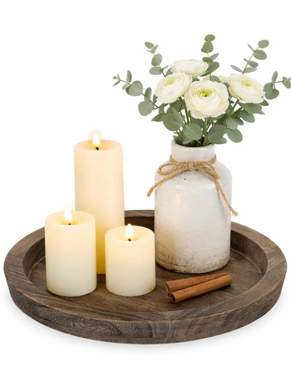 Hanobe Round Wood Candle Holder Trays for Coffee Table, Rustic White Finish