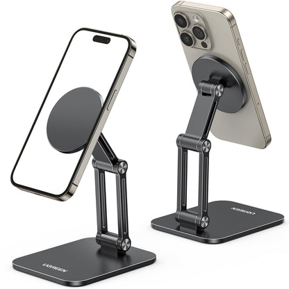 UGREEN Magnetic Phone Stand Compatible with MagSafe Holder for Desk Ergonomic Design Adjustable, Aluminum Cell Phone Stand Compatible for iPhone 17 Air 16 15 14 13 12 Pro Max and MagSafe Case, Grey