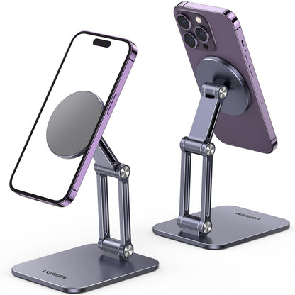 UGREEN Magnetic Phone Stand Compatible with MagSafe Holder for Desk Ergonomic Design Adjustable, Aluminum Cell Phone Stand Compatible for iPhone 17 Air 16 15 14 13 12 Pro Max and MagSafe Case, Grey