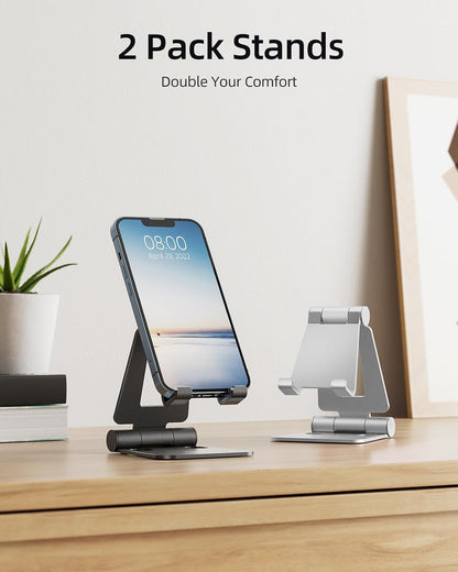 Nulaxy 2 Pack Aluminum Dual Folding Cell Phone Stand for Desk, Black&Silver