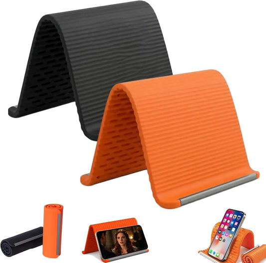 2Pcs Silicone Phone Stand with Aluminum, Flexible Foldable Phone Holder,Universal Adjustable Anti-Slip Desktop Mount for Phone Tablet Laptop (Orange + Black)