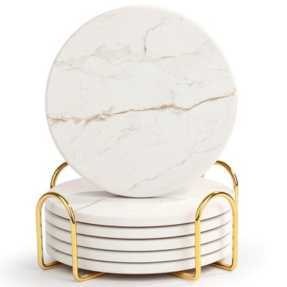 Acejoz Drink Coasters with Holder for Coffee Table, Absorbent Coaster Set of 6, Marble Style Ceramic Coaster for Wooden Table, Suitable for Kinds of Cups, Home Decor, 4 Inches