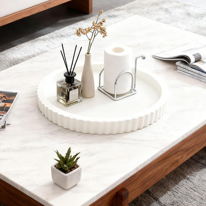 White Round Wood Tray, 11 in Fluted Vanity Tray