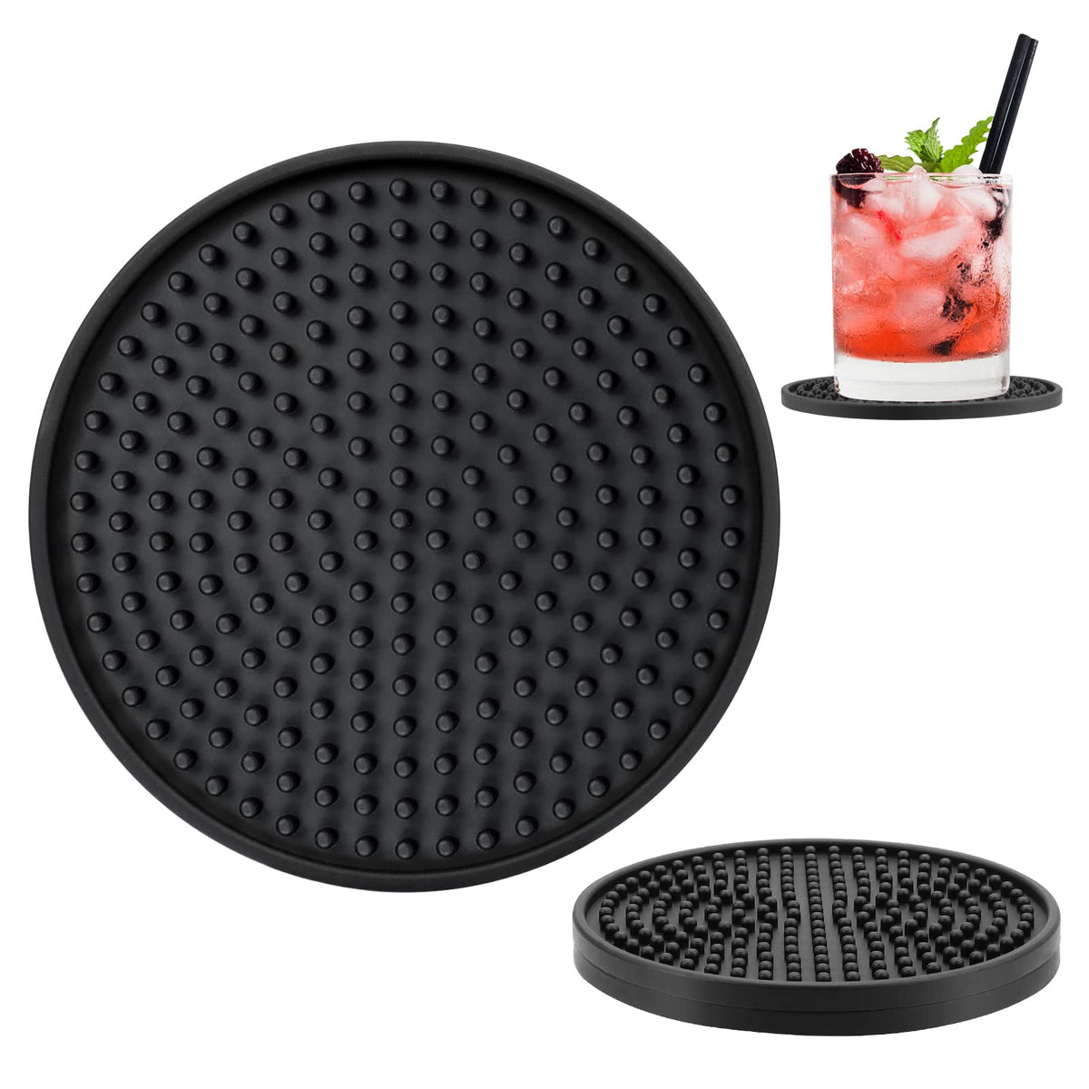 Silicone Drink Coasters [2 Pack] - Cup Coasters for Hot Or Cold Drinks, Non-Slip, Suitable for Home Decor, Kitchen, Office, Bar（Black）
