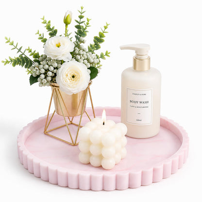Silicone Bathroom Vanity Trays for Counter - 9.1 Inch Round Small Bathroom Tray with Scalloped Edge Vanity Organizer, Coffee Table Decor, Decorative Tray for Candle Key Skincare Perfume Storage, Beige