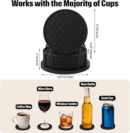 TWTLi Silicone Coasters Set of 8 with Holder, 4 Inch Non-Slip Waterproof Heat Resistant Drink Mats for Coffee Table, Desk, Kitchen, Bar, Outdoor Patio (Black, 6 PCS)