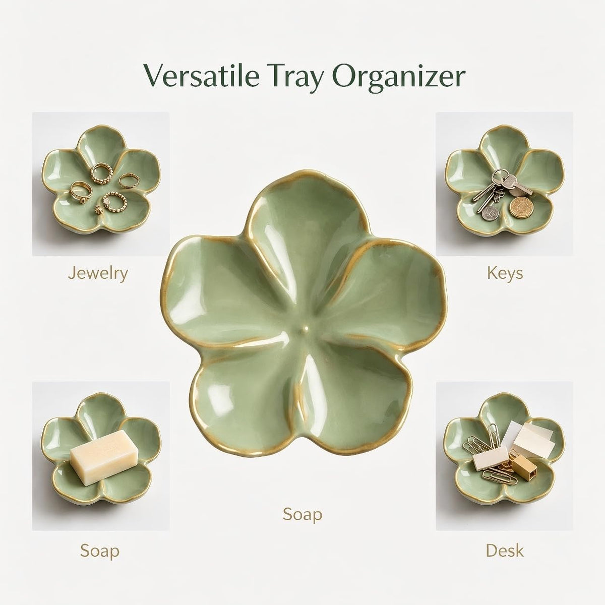 Ceramic Flower Jewelry Ring Trinket Dish Tray, Gifts for Women, Sage Green