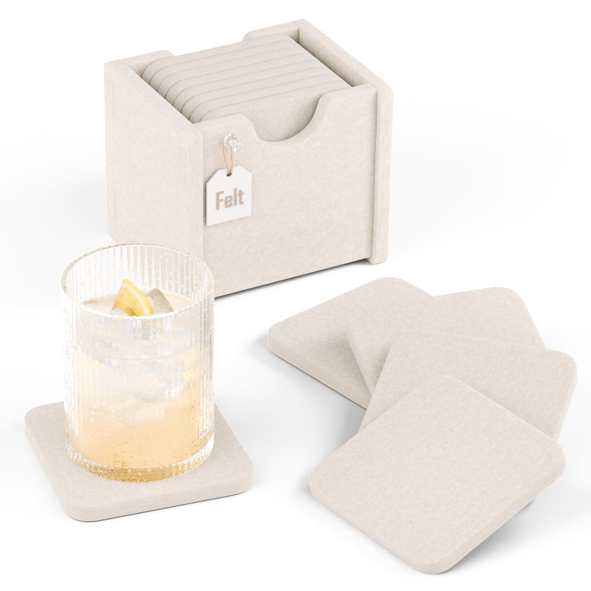 Fluxynara Felt Coasters with Holder, Set of 8 for Drinks, Sage - Arch