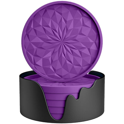 ME.FAN Silicone Coasters with Holder,[6 Pack] Drinking Coasters - Cup Mat for Hot or Cold Drinks, Thickened, Non-Slip, Non-stick,Deep Tray Ether