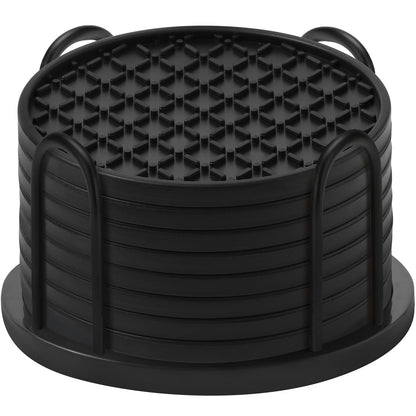 TWTLi Silicone Coasters Set of 8 with Holder, 4 Inch Non-Slip Waterproof Heat Resistant Drink Mats for Coffee Table, Desk, Kitchen, Bar, Outdoor Patio (Black, 6 PCS)