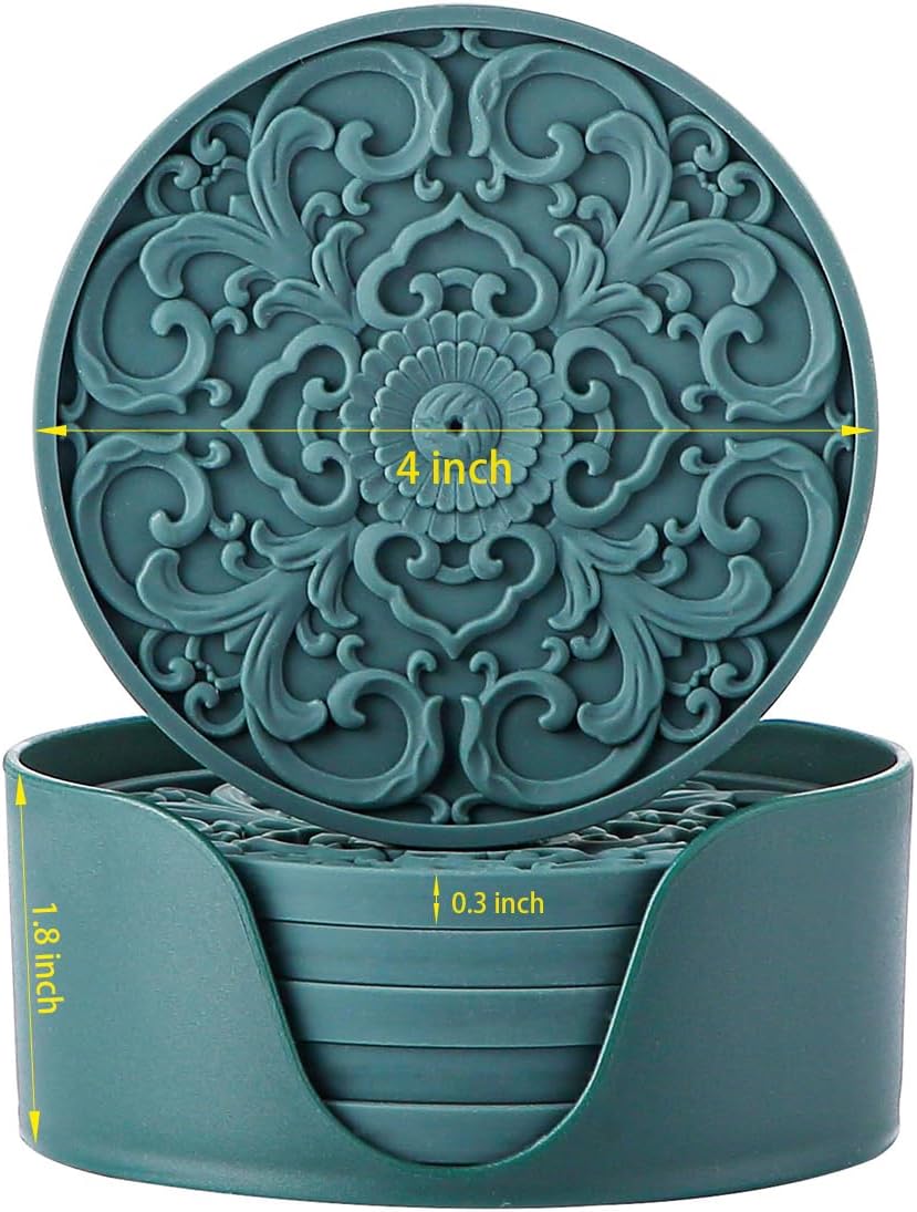 Colinda Silicone Coasters - Set of 6 with Holder, Non-Slip Cup Mats for Hot and Cold Drinks, Decorative Designs, Gift Ready Packaging,Turquoise