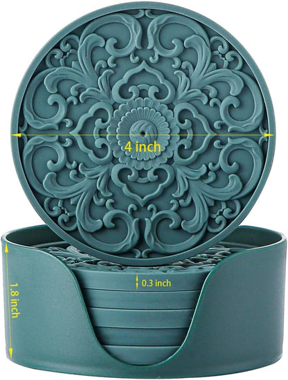 Colinda Silicone Coasters - Set of 6 with Holder, Non-Slip Cup Mats for Hot and Cold Drinks, Decorative Designs, Gift Ready Packaging,Turquoise