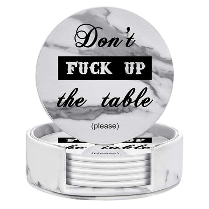 Funny Coasters, Thipoten 6 Pcs Leather Coasters with Holder, Perfect Housewarming Hostess Gifts, Protect Furniture from Water Marks Scratch and Damage(6Pcs, Black)
