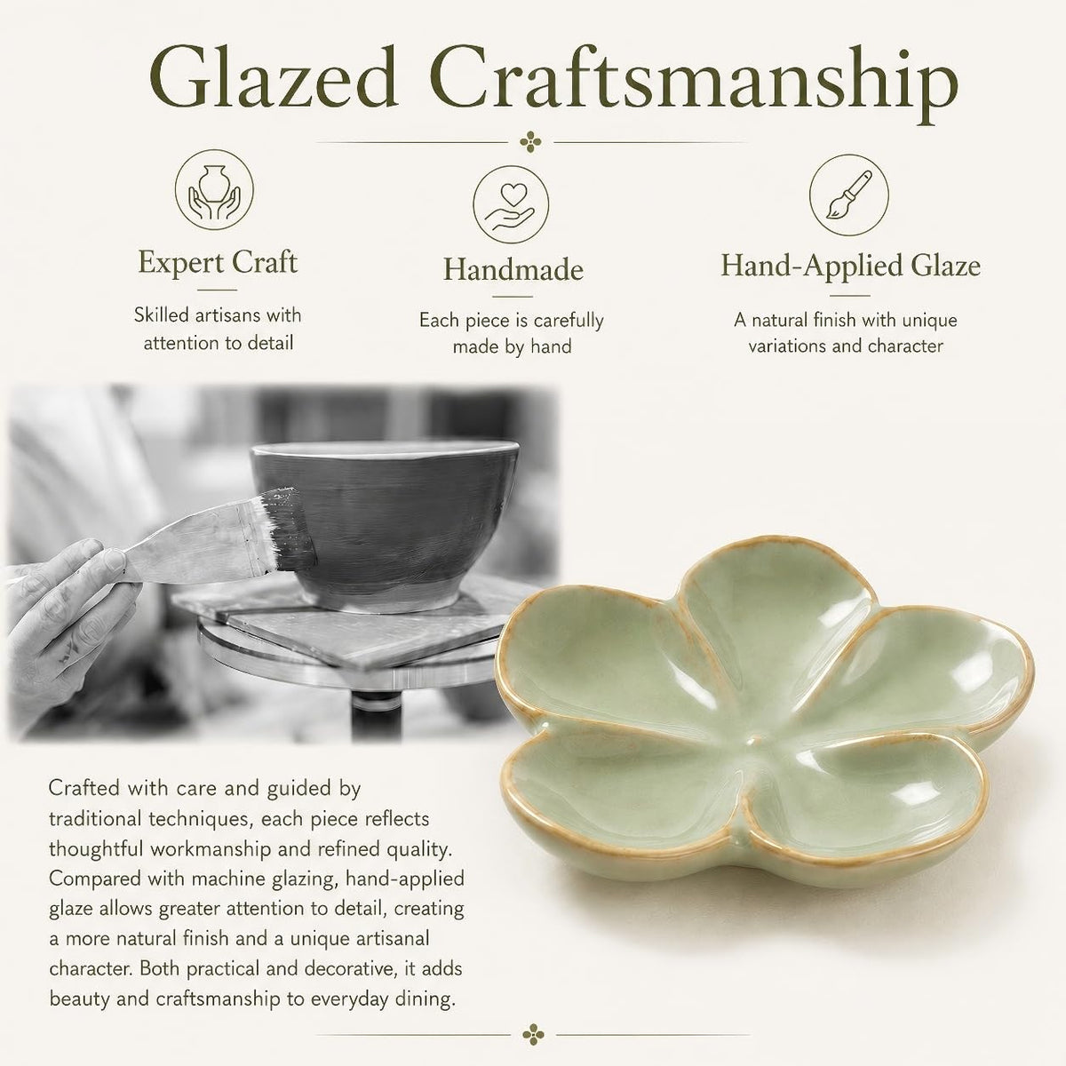 Ceramic Flower Jewelry Ring Trinket Dish Tray, Gifts for Women, Sage Green