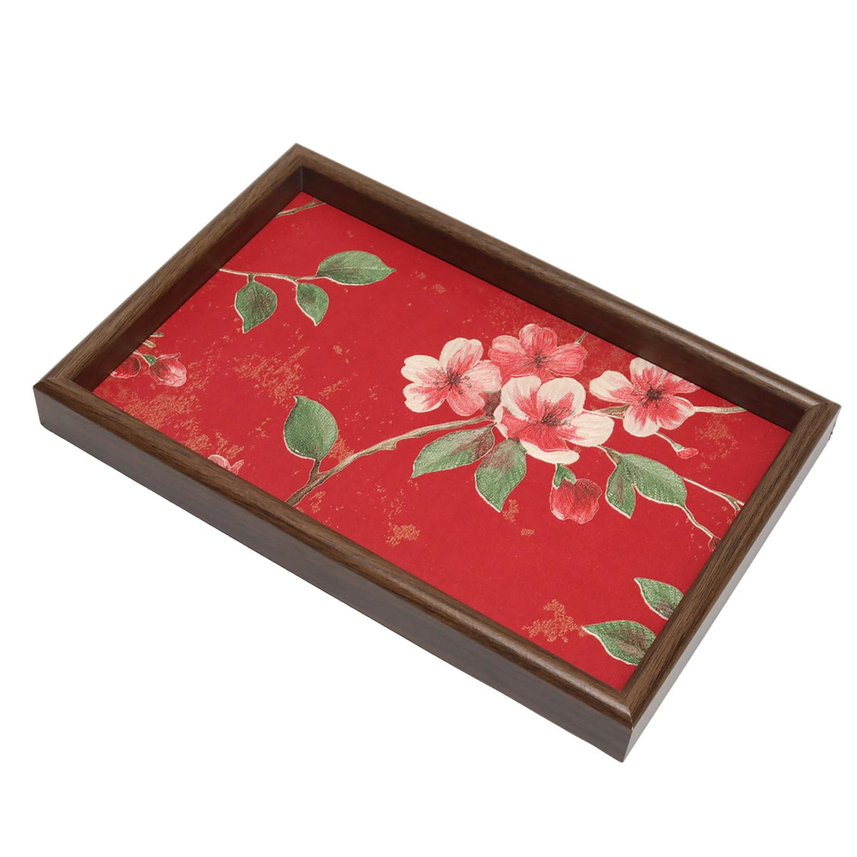 Wooden Valet Tray with Floral Base, Green Vintage Blossoms