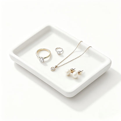 Square Minimalist Ceramic Ring Dish, White Jewelry Tray for Women, Modern Vanity Decor & Organizer, Ideal Engagement Wedding Birthday for Friend Sister