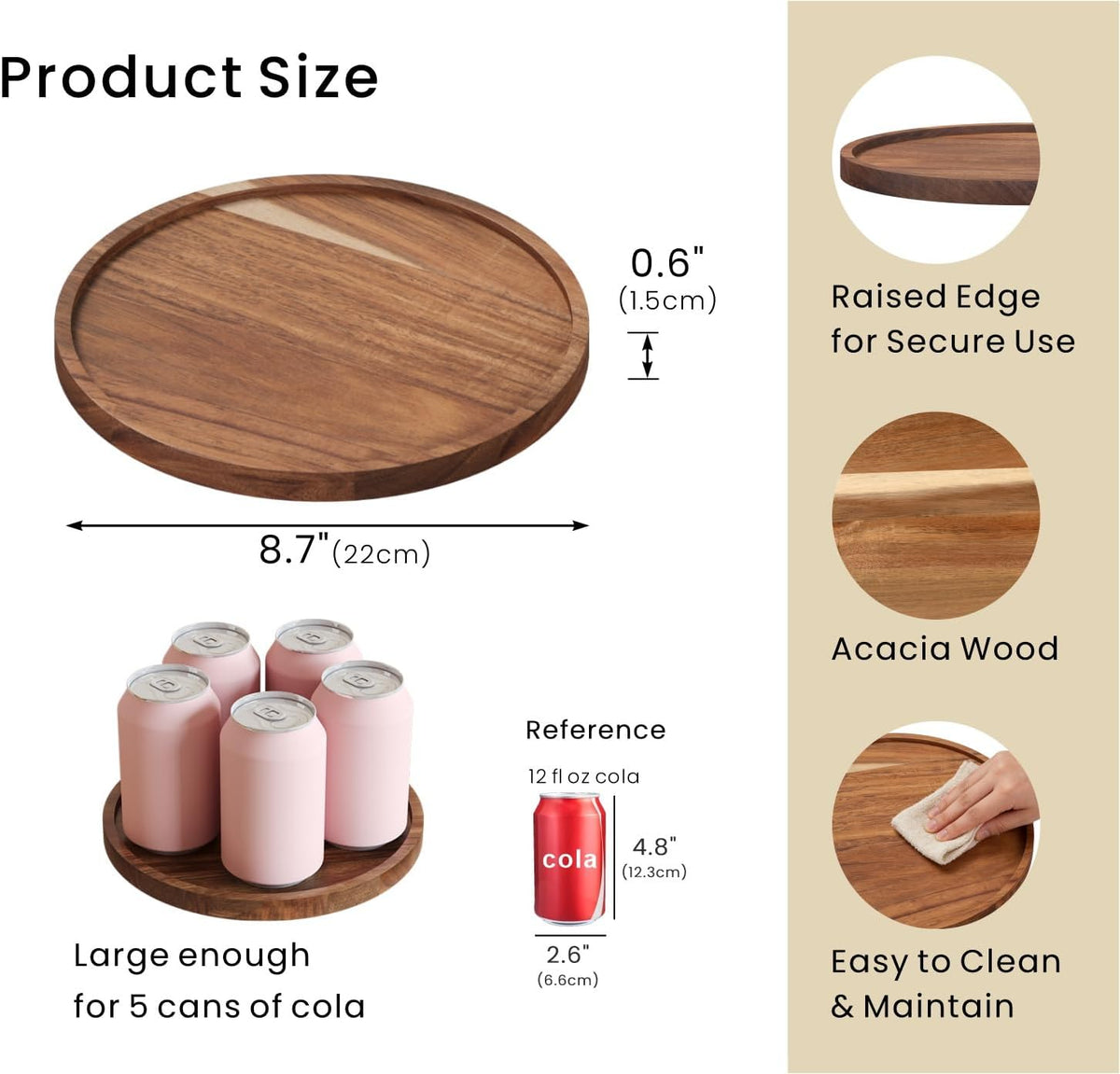 VERTORGAN Acacia Wood Serving Tray,8.7 Inch Decorative Trays,Home Decor