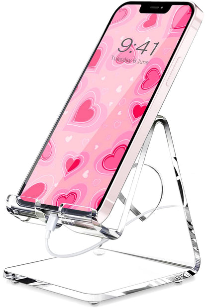 Crpich Acrylic Cell Phone Stand, Portable Phone Holder, Clear Phone Stand for Desk, Compatible with Phone16 15 14 13 Pro Max Mini 12 11 SE, Switch, Android Smartphone, Pad, Tablet, Desk Accessories