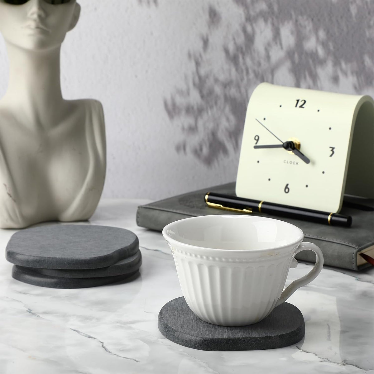 Diatomaceous Earth Coasters Set of 4，Cool Absorbent Quick-Dry Drink Coasters for Desks, Cute Modern Stone Design with Stylish Grey Aesthetic (4, Grey)