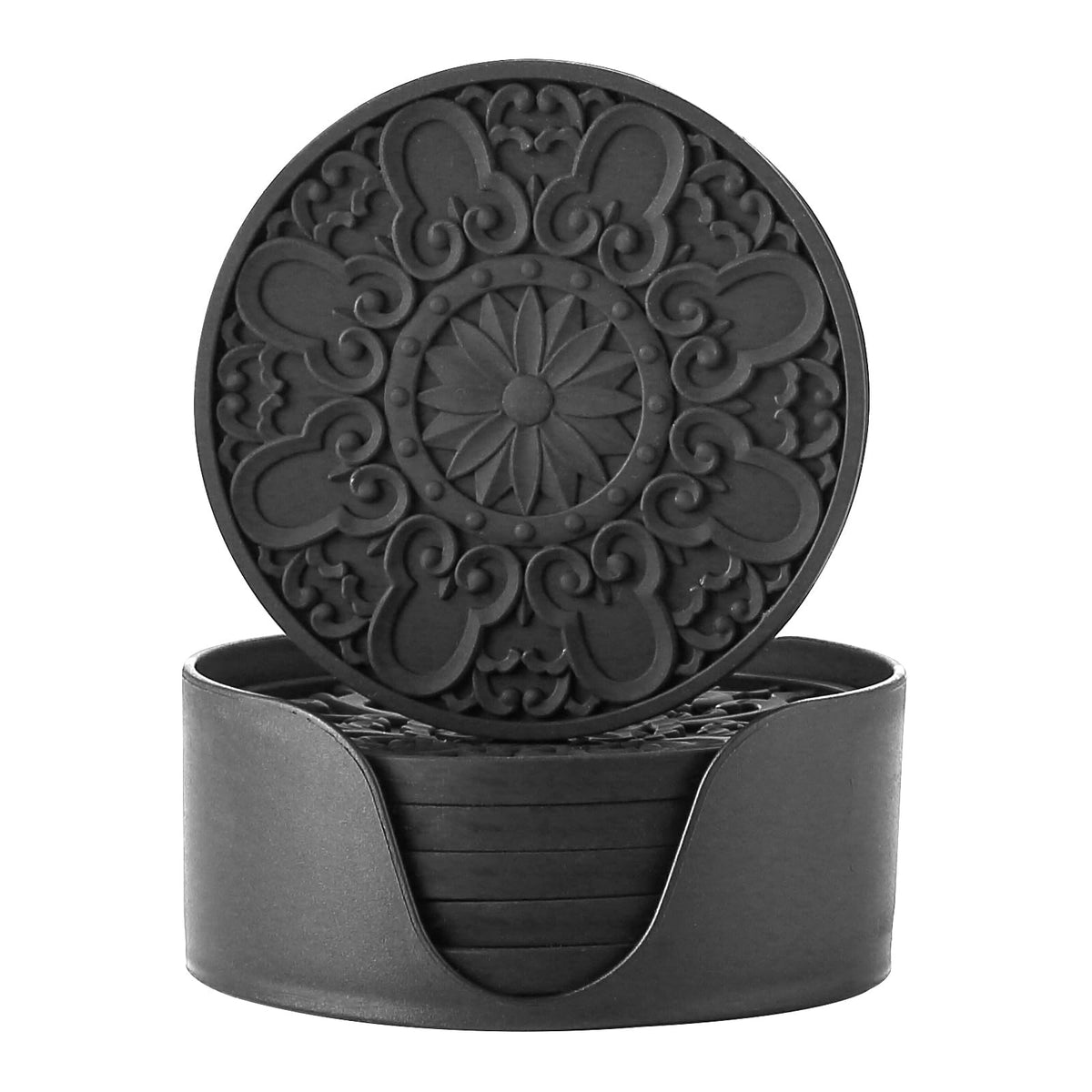 Colinda Silicone Coasters - Set of 6 with Holder, Non-Slip Cup Mats for Hot and Cold Drinks, Decorative Designs, Gift Ready Packaging,Turquoise