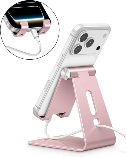 OMOTON Adjustable Cell Phone Stand, C2 Aluminum Desktop Phone Holder Dock Compatible with iPhone 15 14 13 Xs XR 8 Plus 7 6, Samsung Galaxy, Google Pixel, Android Phones, Rose Gold