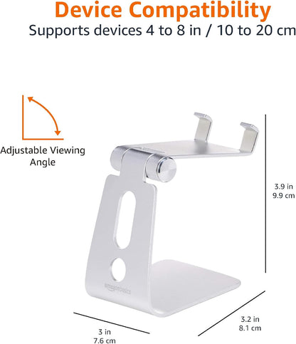 Amazon Basics Adjustable Aluminum Phone Stand for Cell Phones, iPhone and Android, Desktop Phone Holder with Adjustable Angle, Hands-Free Viewing, 3.15 x 2.87 x 3.74 inch, Silver