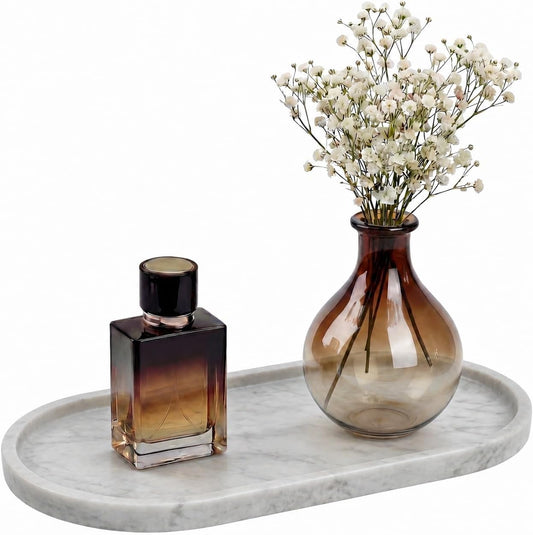 YKAJO Carrara White Gray Oval Marble Tray, 11.8x5.9 Perfume Organizer Dish