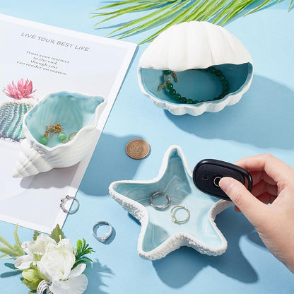 NBEADS Starfish Shape Ceramic Jewelry Tray, Aqua Shell Trinket Dish Ceramic Ring Earring Holder Ocean-themed Decorative Trinket Plate for Rings Earrings Necklaces Bracelet Jewelry Watch Keys
