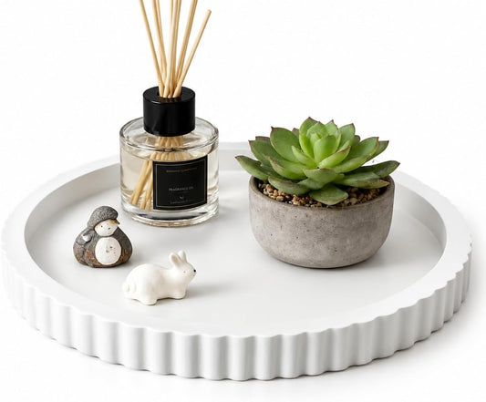 White Round Wood Tray, 11 in Fluted Vanity Tray