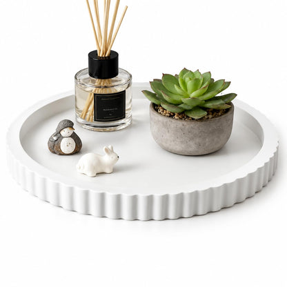 White Round Wood Tray, 11 in Fluted Vanity Tray
