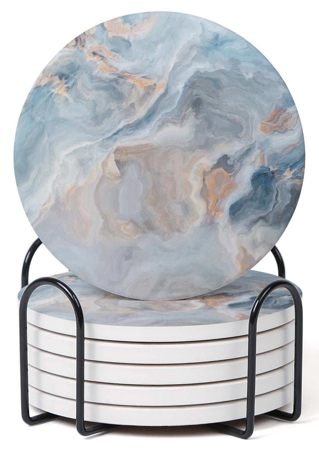 Set of 6 Abstract Blue Marble Coasters with Holder, Absorbent Ceramic Coasters for Drinks, Coasters with Cork Backing for Table Protection, Housewarming Gifts for New Home
