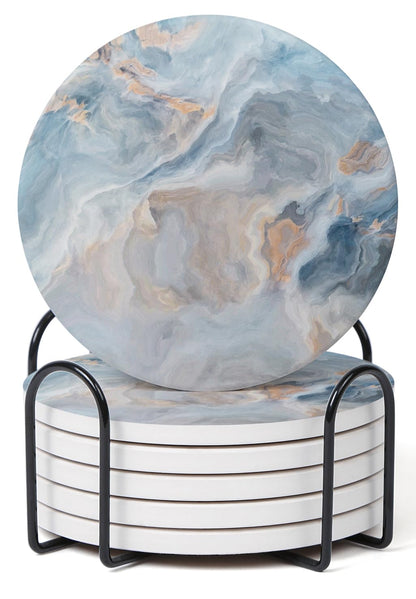 Set of 6 Abstract Blue Marble Coasters with Holder, Absorbent Ceramic Coasters for Drinks, Coasters with Cork Backing for Table Protection, Housewarming Gifts for New Home