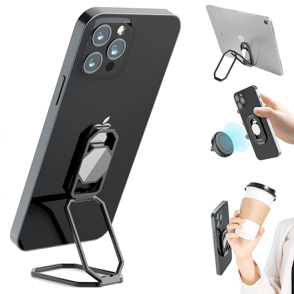 Phone Holder Foldable Phone Stand Phone Ring Holder Finger Kickstand 360° Rotation Cell Phone Stand Metal Phone Grip for Magnetic Car Mount Sticky Phone Grip Compatible with Most Smartphones