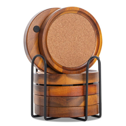 WLWNWFT Coasters for Drinks Absorbent with Holder, Acacia Wood Cork Coaster for Coffee Table Wooden Table Coaster for Farmhouse Desk Extra Large Coasters, Set of 6