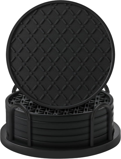 TWTLi Silicone Coasters Set of 8 with Holder, 4 Inch Non-Slip Waterproof Heat Resistant Drink Mats for Coffee Table, Desk, Kitchen, Bar, Outdoor Patio (Black, 6 PCS)