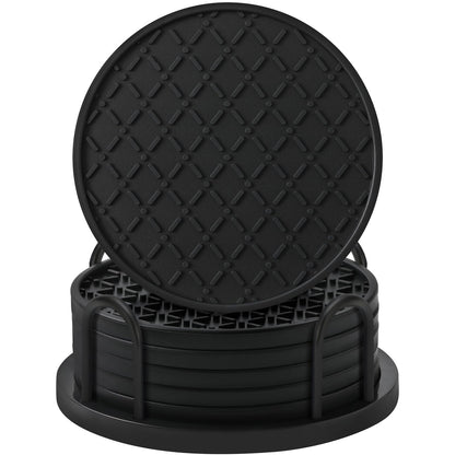 TWTLi Silicone Coasters Set of 8 with Holder, 4 Inch Non-Slip Waterproof Heat Resistant Drink Mats for Coffee Table, Desk, Kitchen, Bar, Outdoor Patio (Black, 6 PCS)